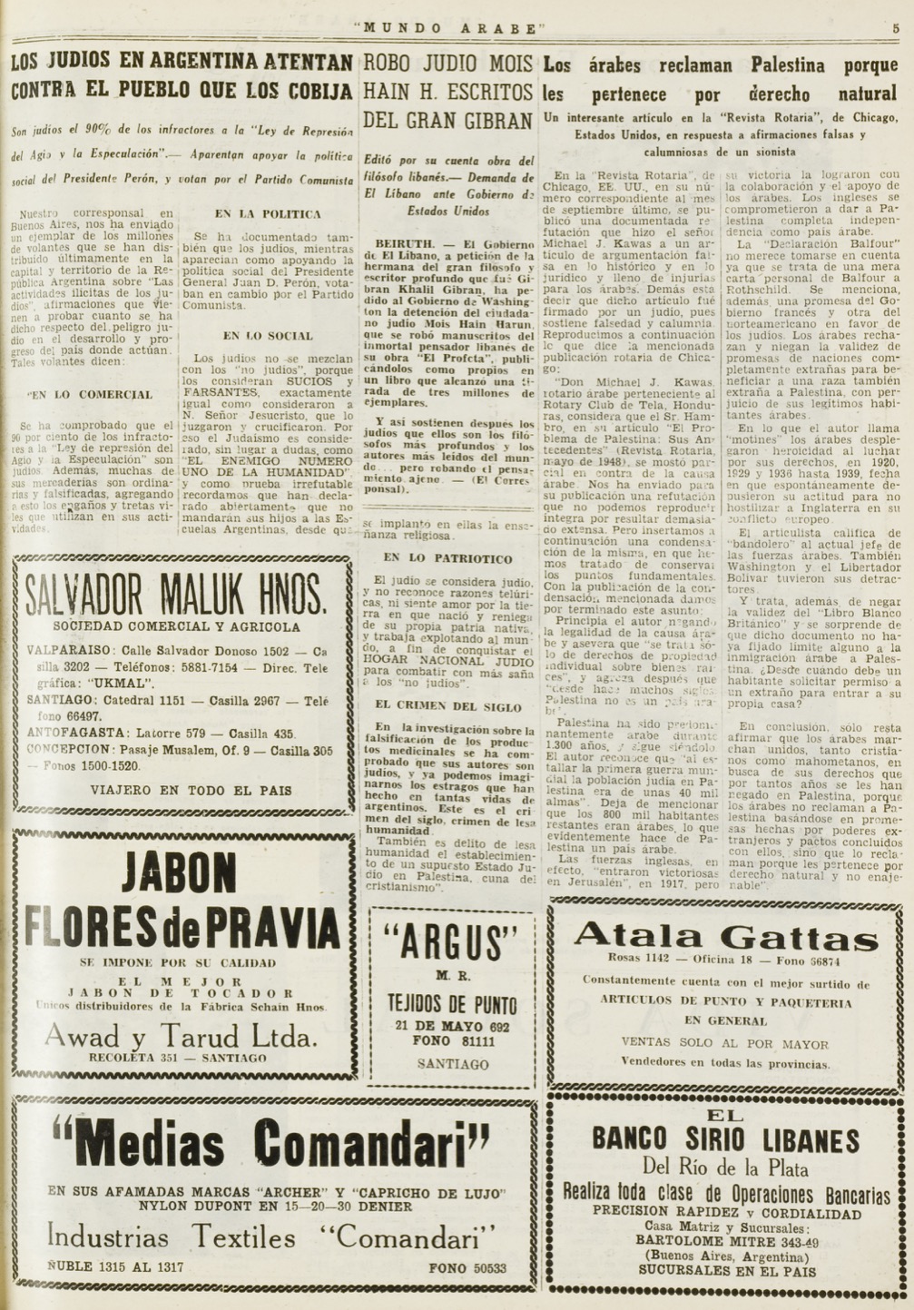 "Robo judio Mois Hain Harun escritos del gran Gibrán Khalil Gibrán", Mundo Árabe, Feb 25, 1949, p. 5.